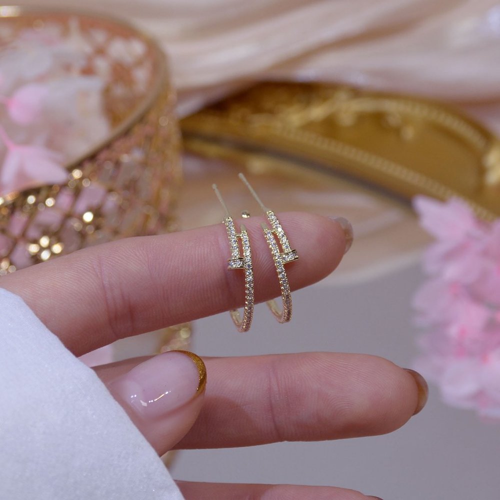 NEW 14K Gold Plated Round Diamond Nail Hoop Earrings - Picture 6 of 11